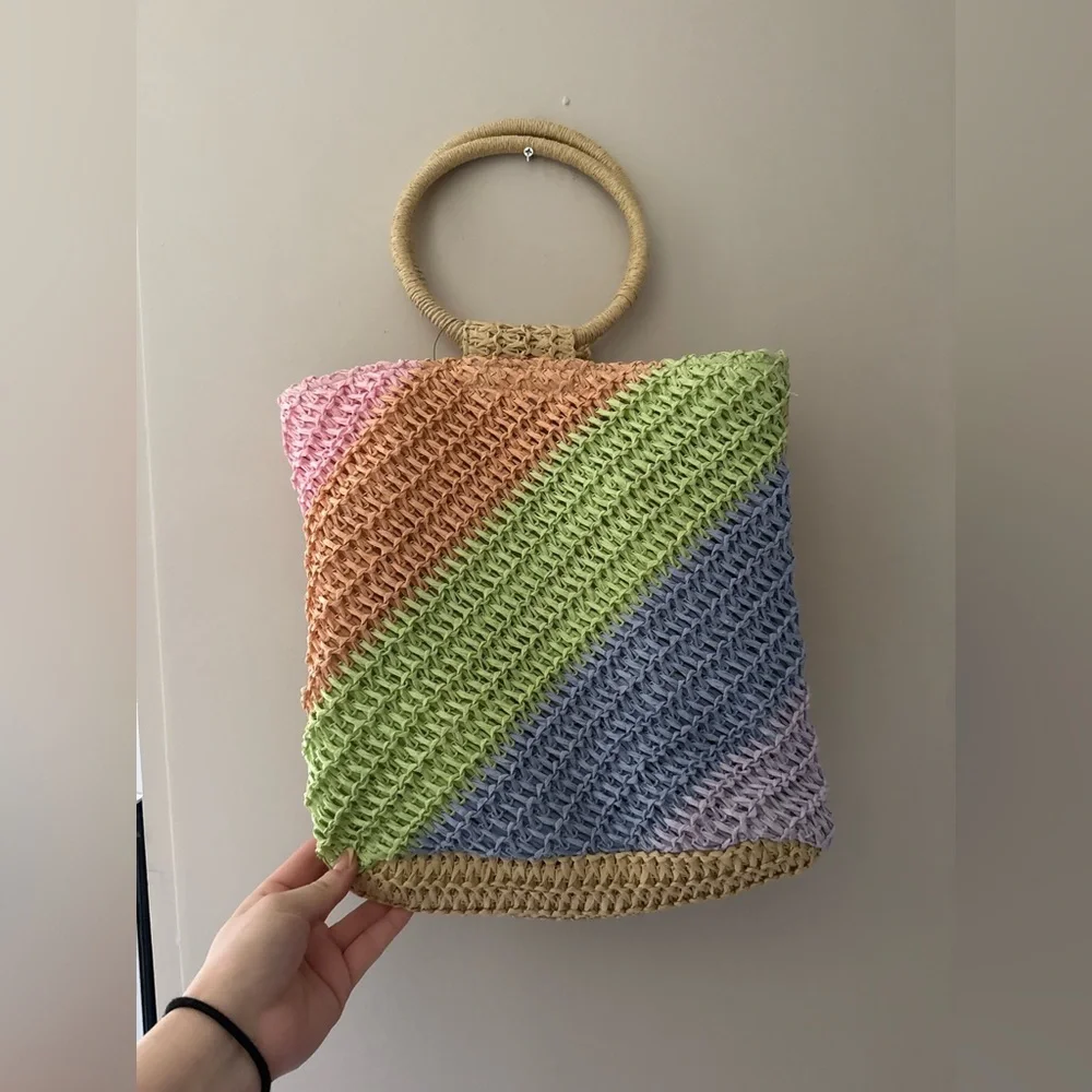 Handwoven Multicolor Straw Tote Bag - Pastel Diagonal Stripes